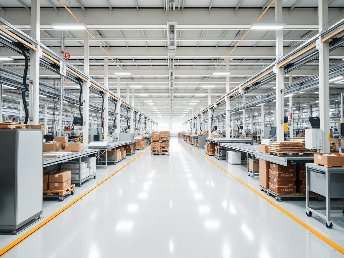 Organized manufacturing plant floor with clear material flow aisles